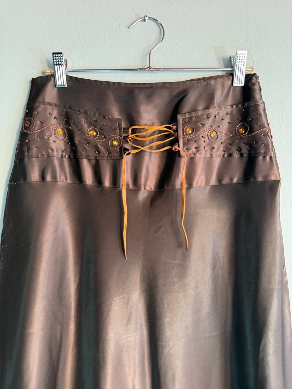 Brown Lace-Up Satin A-Line Skirt